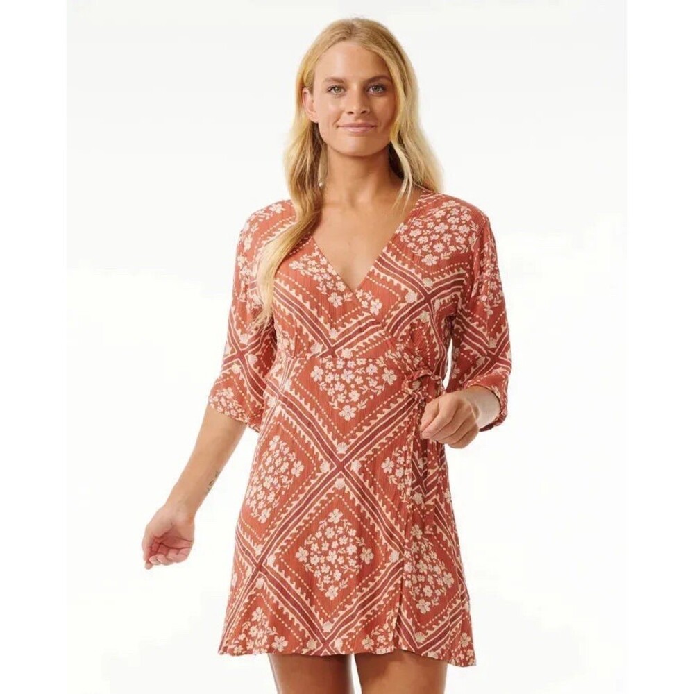 Rip Curl Soleil Rust Beach Dress Red White Floral Size Small Tie Front Wrap NEW